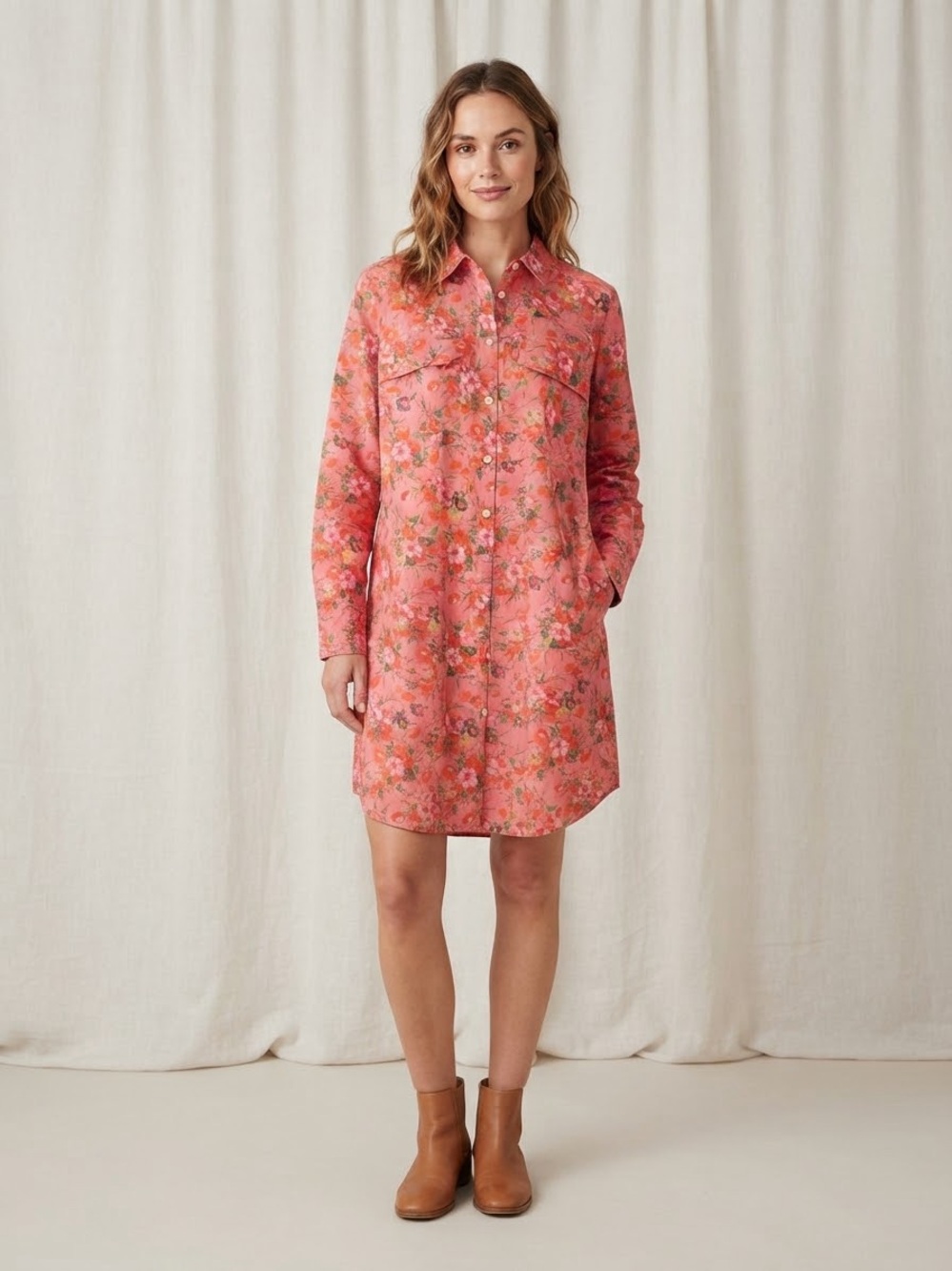 GAP Coral Pink Floral Cotton Shirt Dress